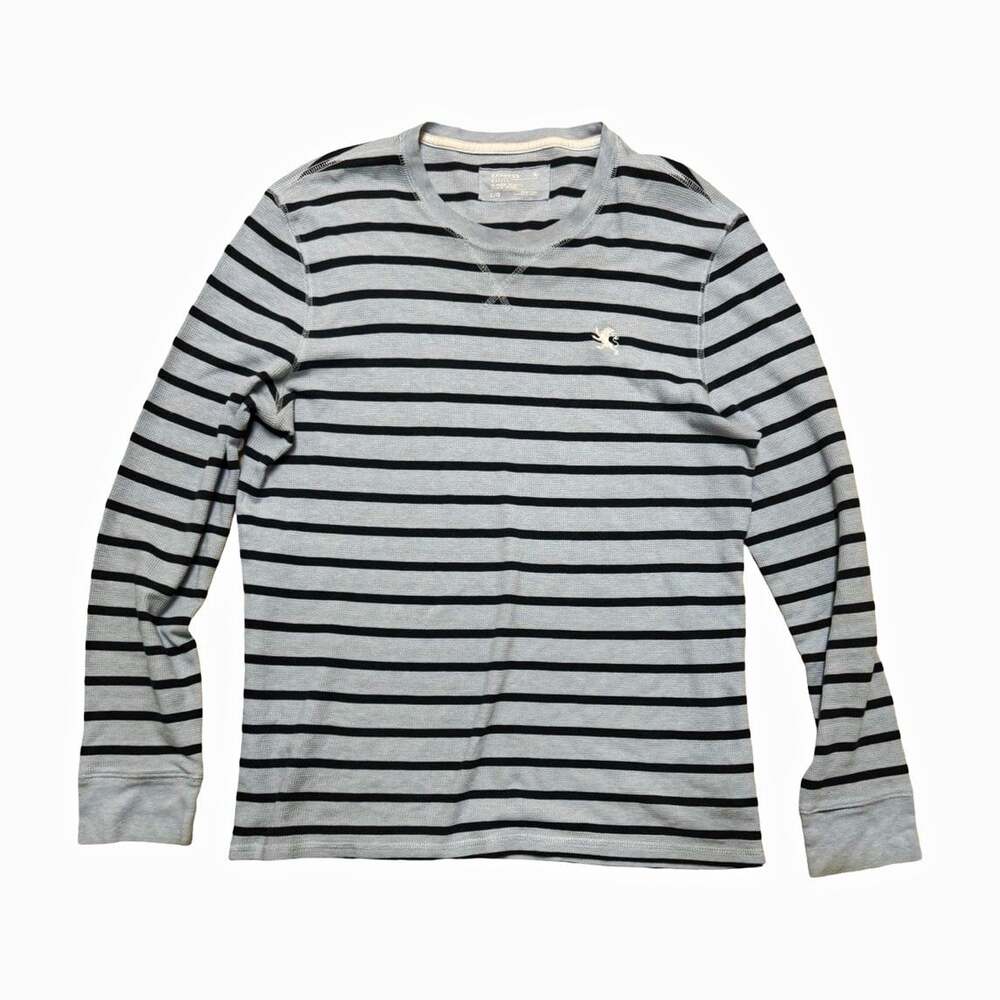 Express Men’s T-Shirt Size L Gray/Black Striped Waffle Long Sleeve Crewneck